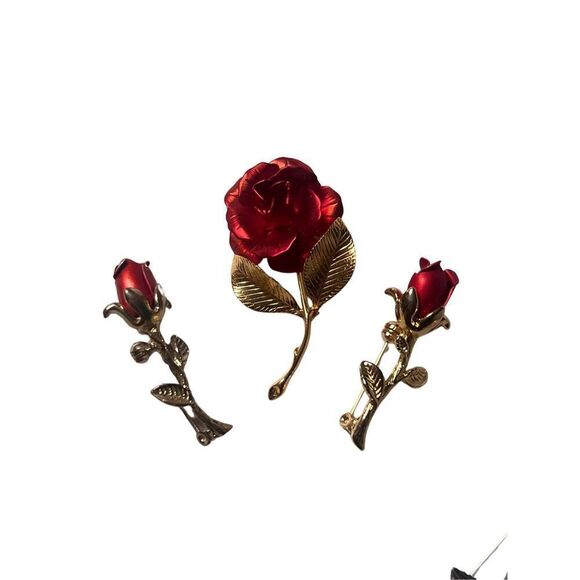 Three (3)Vintage Red Rose Floral Designer Gold Tone Women’s Brooches Pins - Picture 1 of 8